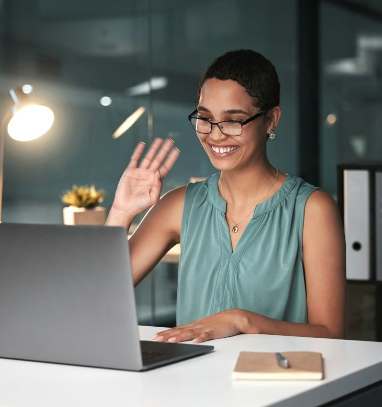 Video call, laptop and black woman in business with virtual meeting, communication and technology.